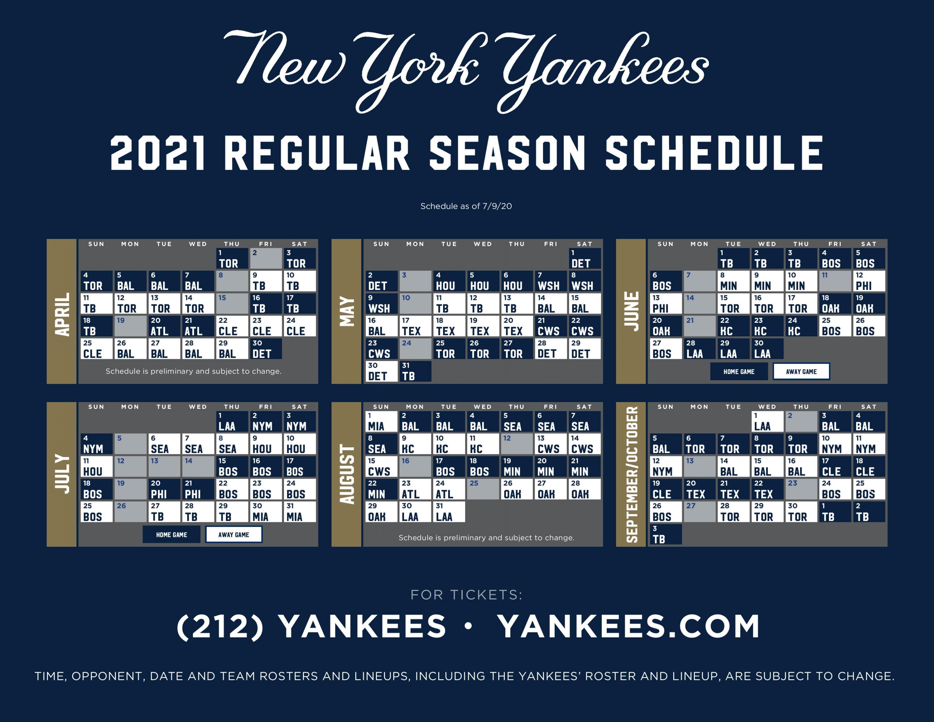 NY Yankees Baseball 2021 Schedule Hometown 1340 AM / 105.3 FM WLVL